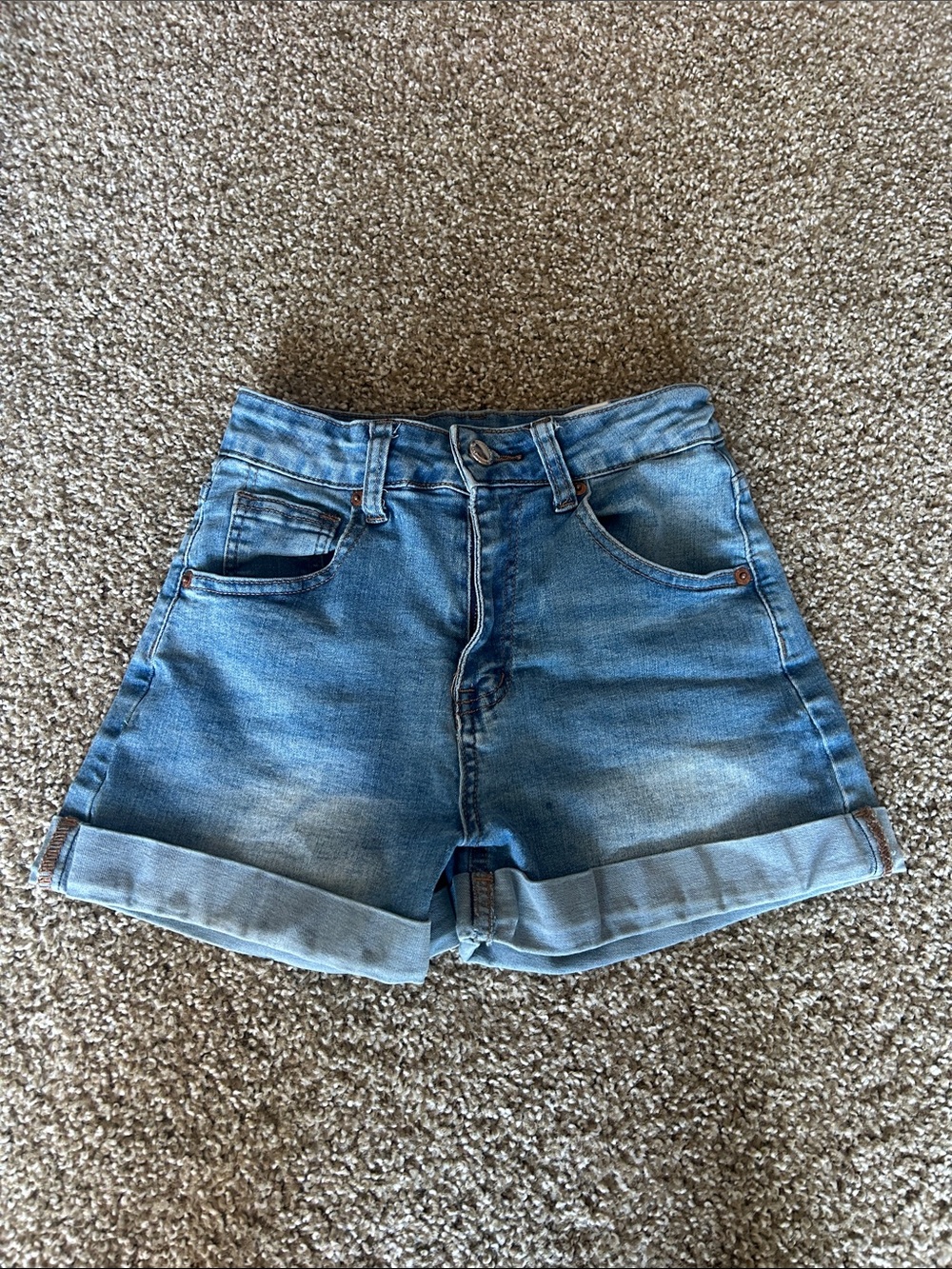 High-Rise Rolled Hem Denim Shorts - Blue